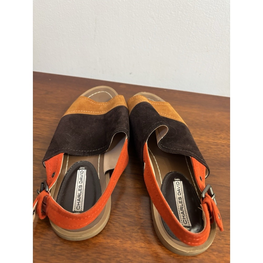 Charles David Women's Brown Orange Suede Leather Colorblock Sandals Size 8.5M - Picture 2 of 5